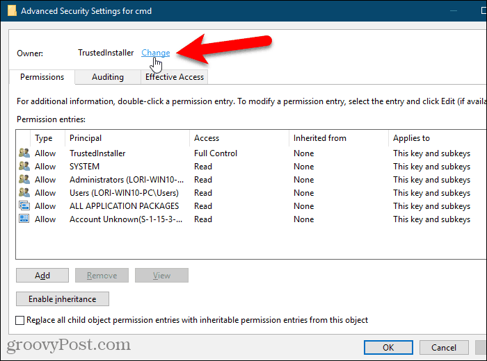 Cliquez sur le lien Modifier pour le propriétaire d'une clé dans le registre Windows